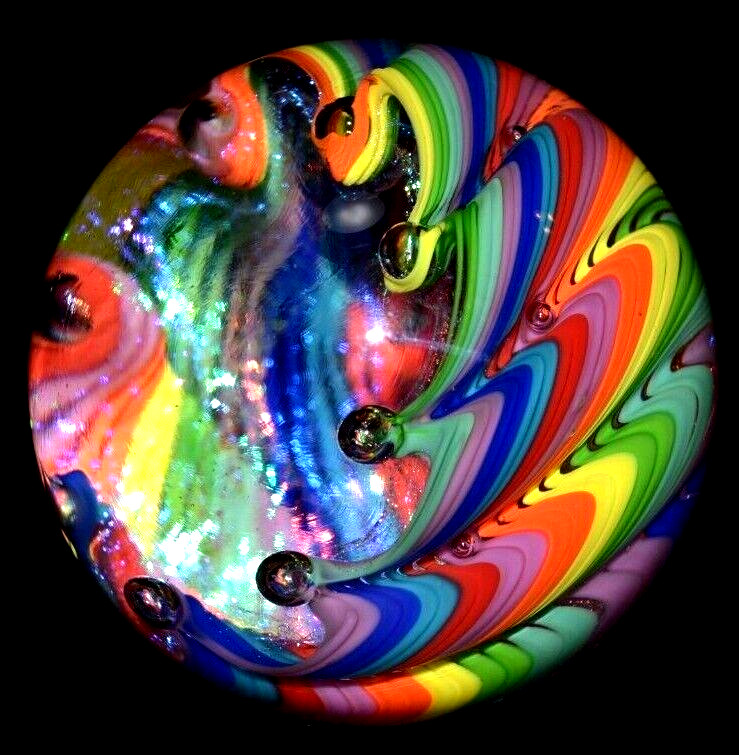 JAMES ALLOWAY HANDMADE MARBLE/2.623″-DICHROIC RAINBOW VORTEX # 3217-LIME,ROYAL +