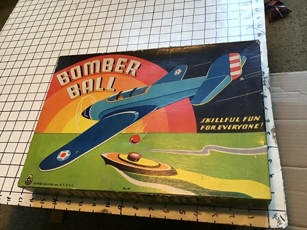 Vintage WWII era cardboard toy: BOMBER BALL drop marble bombs on boat WOW – rare