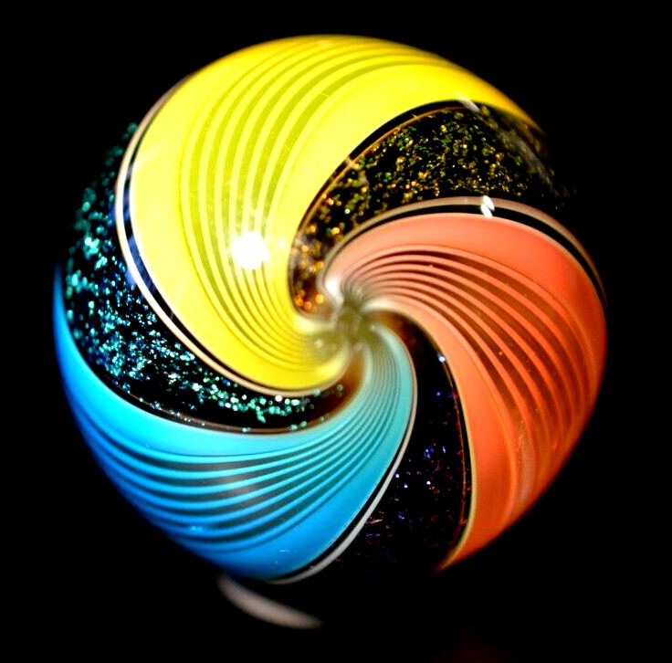 HOT HOUSE GLASS MARBLE/1.528″-SUNFLOWER/TURQ/CLAY BANDED FINE LINER #07-FAST