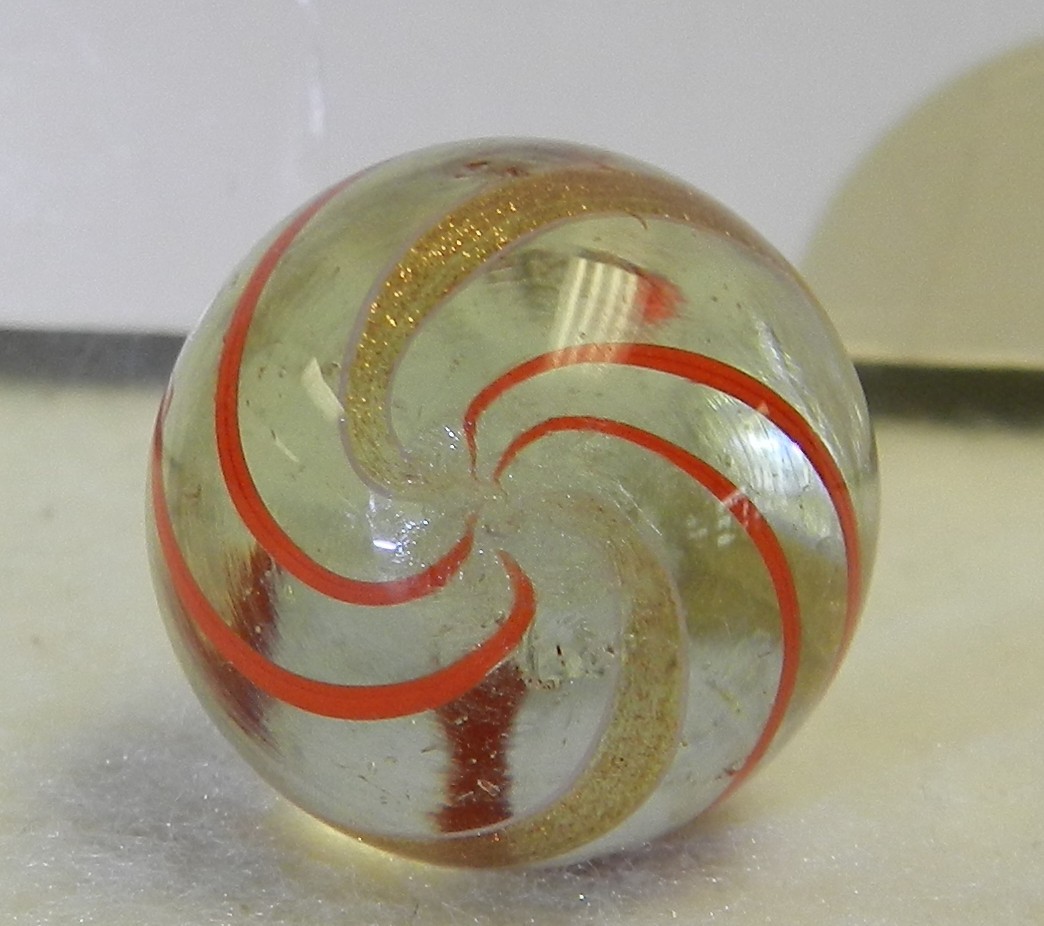 #19832m Large .87 Inches Vintage German Handmade Clear Glass Banded Lutz Marble