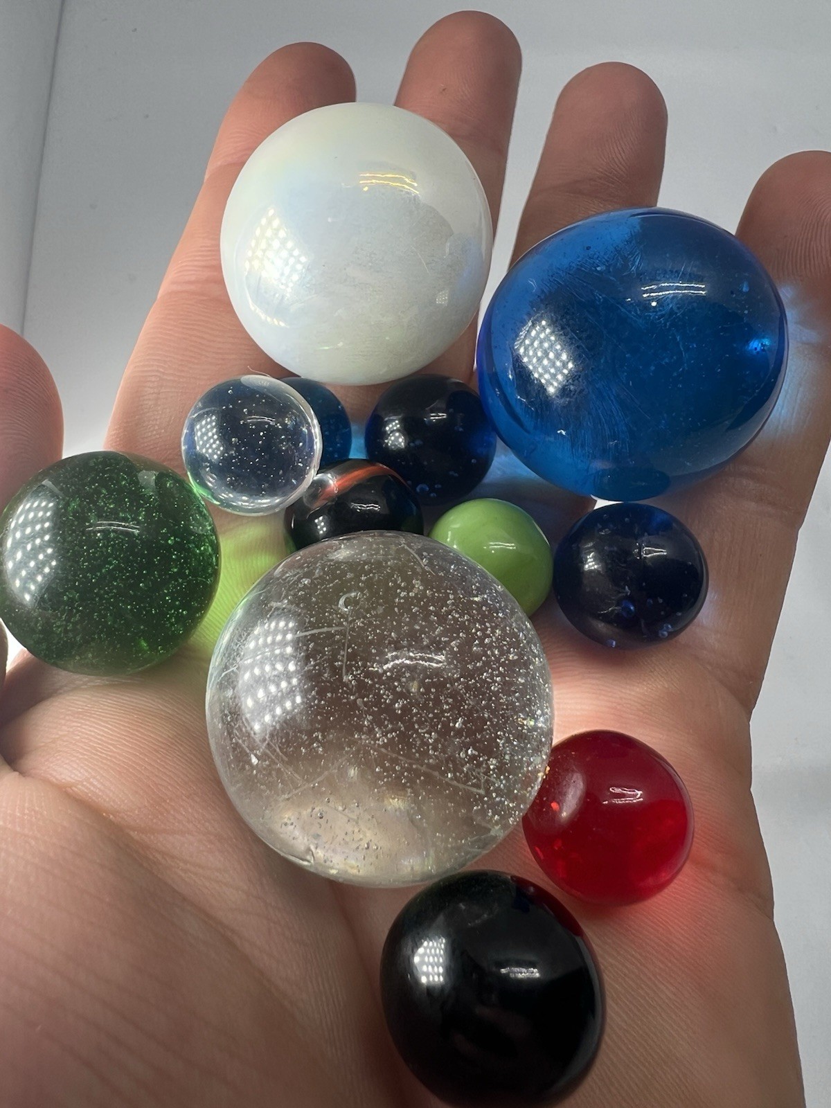 Vintage Estate Lot Large Shooter Marbles Clear Color Glass Bubbles, Blue, Green