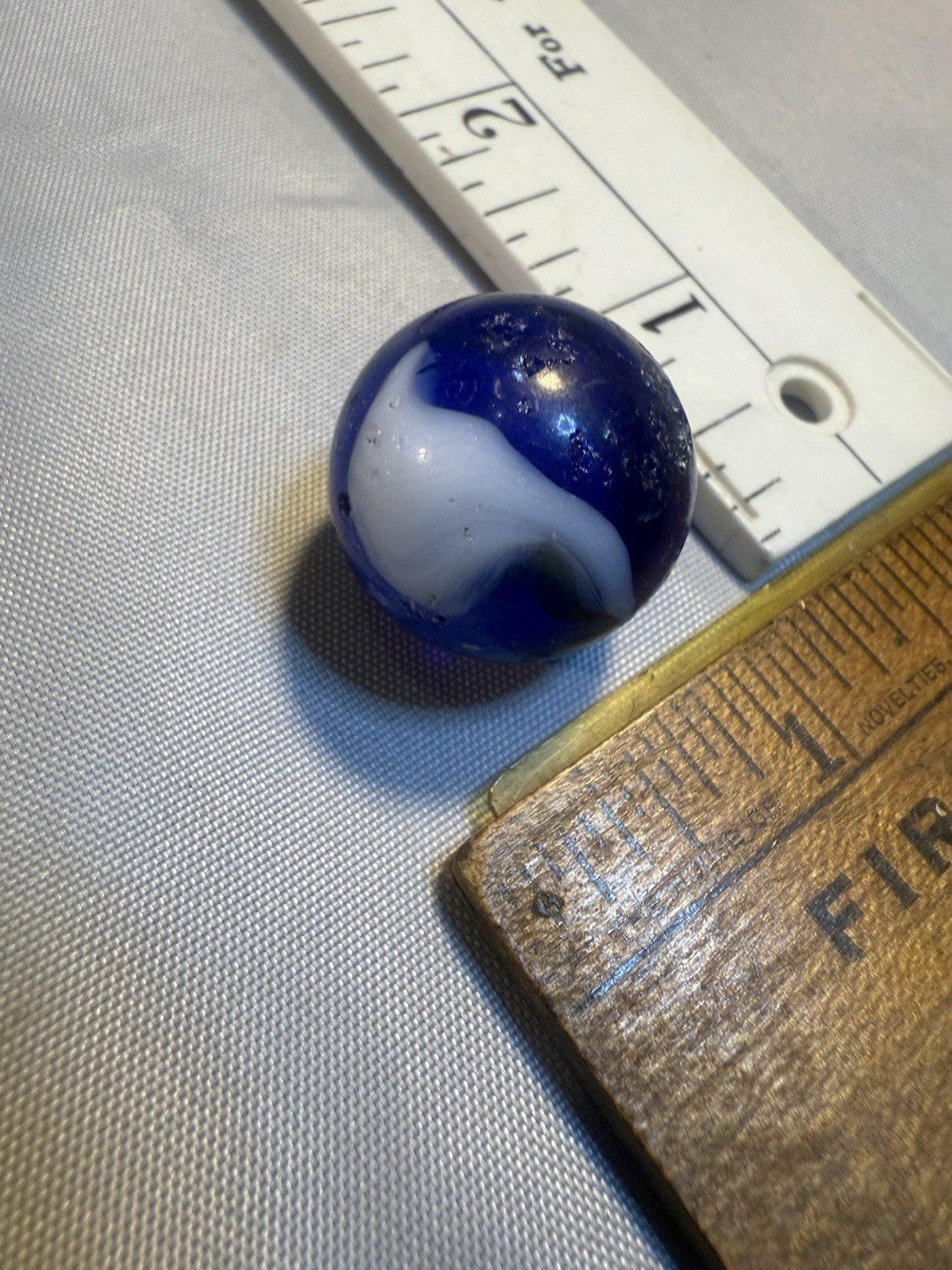 Akro Agate Corkscrew SPIRAL Shooter Marble Blue White Old Vintage Damaged