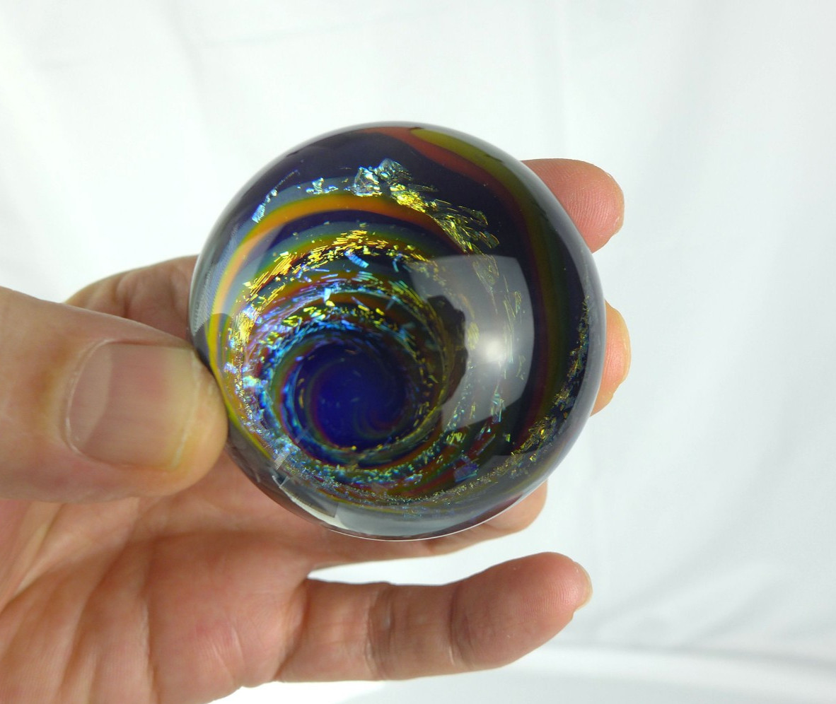 Big Dustin K Morrell Vortex Dichroic Art Glass Marble Paperweight 2004 2.18″