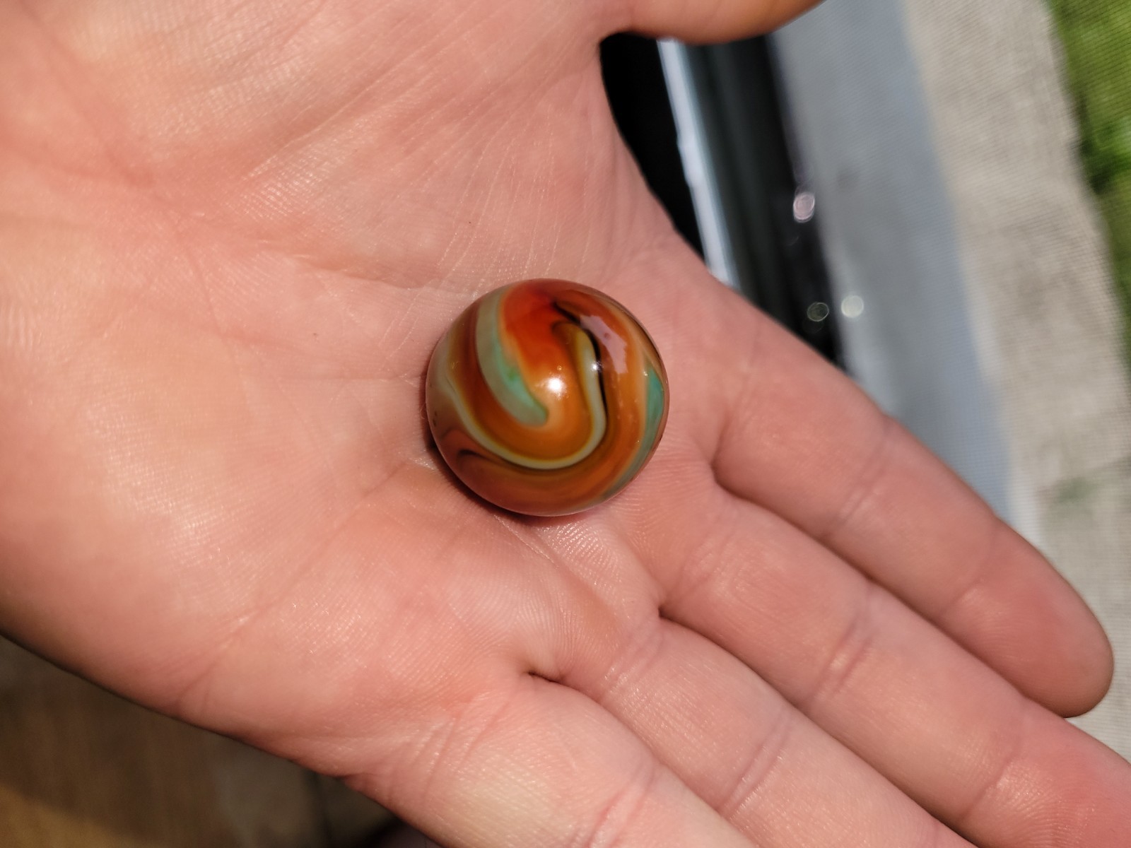 Vintage CAC Christensen Agate Flame Swirl Jumbo Shooter Marble .96″ RARE UV GLOW
