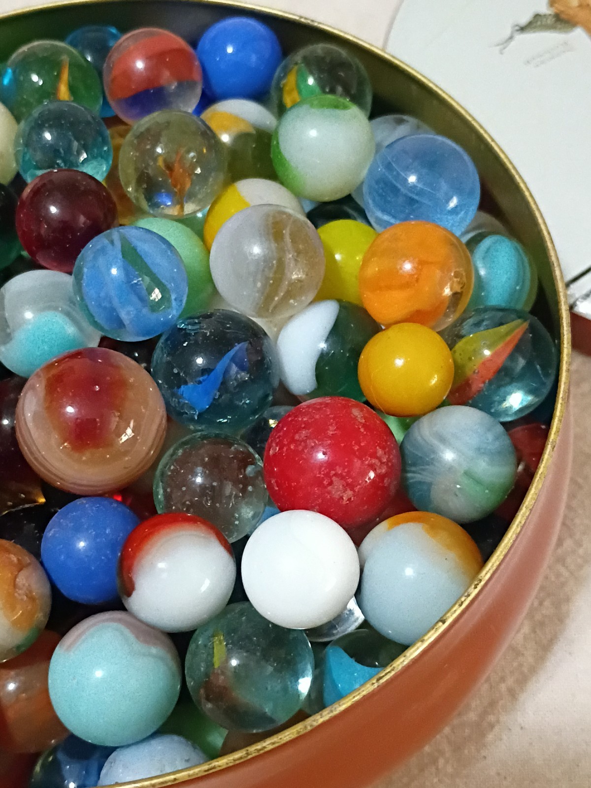 Norman Rockwell “Marbles Champion” Tin Full Of Vintage & Antique Marbles