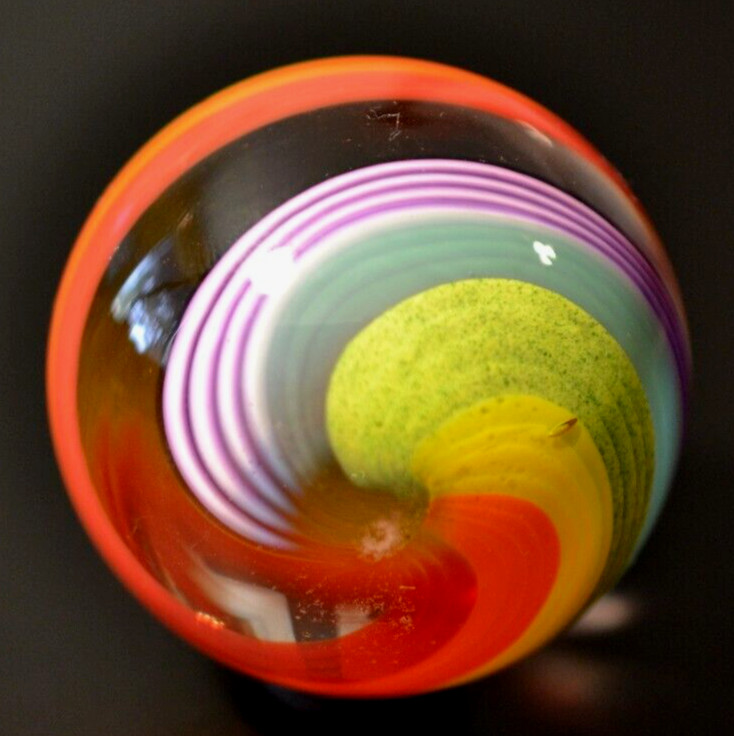 JOHN GIBBONS GLASS MARBLE/1.828″-SIMPLY A RAINBOW SET-BRICK,ORANGE,GREEN LUTZ,YL