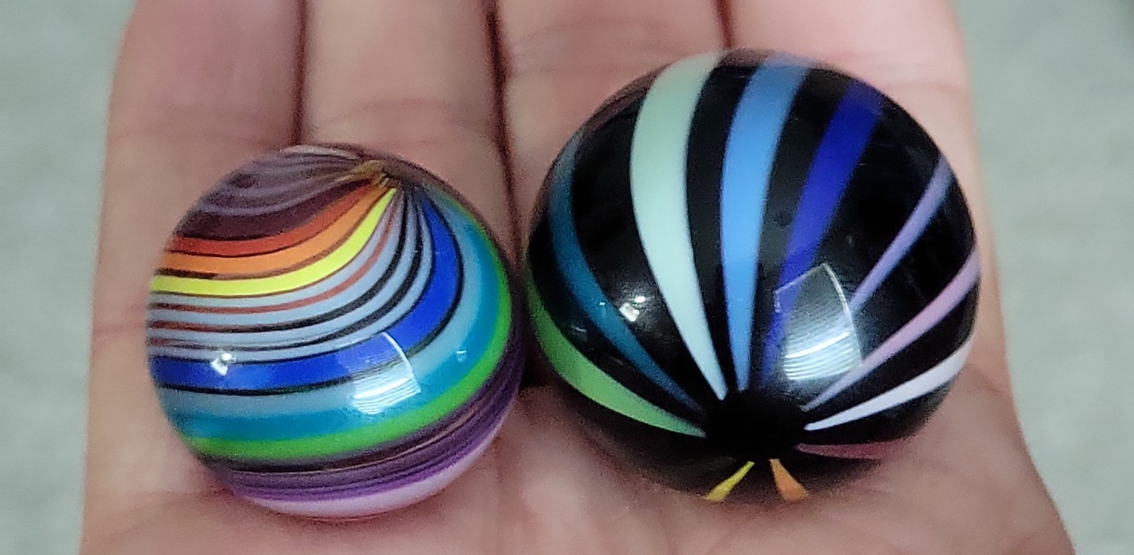 2 Contemporary Handmade Colorful Ribbon Marbles w/Stands Possibly Jody Fine