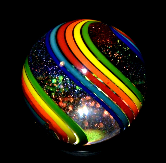 JAMES ALLOWAY GLASS MARBLE/1.236″-DICHROIC DOUBLE SWIRL #3560-LIME,YELLOW,ORANGE