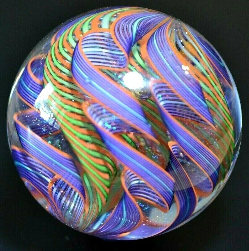 JAMES ALLOWAY HANDMADE MARBLE/2.517″-SUPERNOVA 2 #130-ORANGE/LIME LATTICINIO
