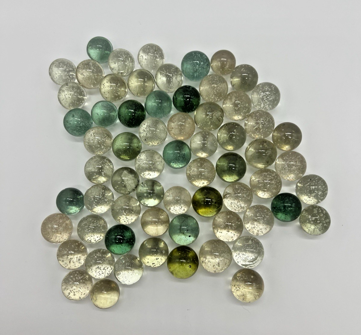 Vintage Glass Marbles Clear Green Blue Hand Blown 65 PC Lot Mixed Bubbles