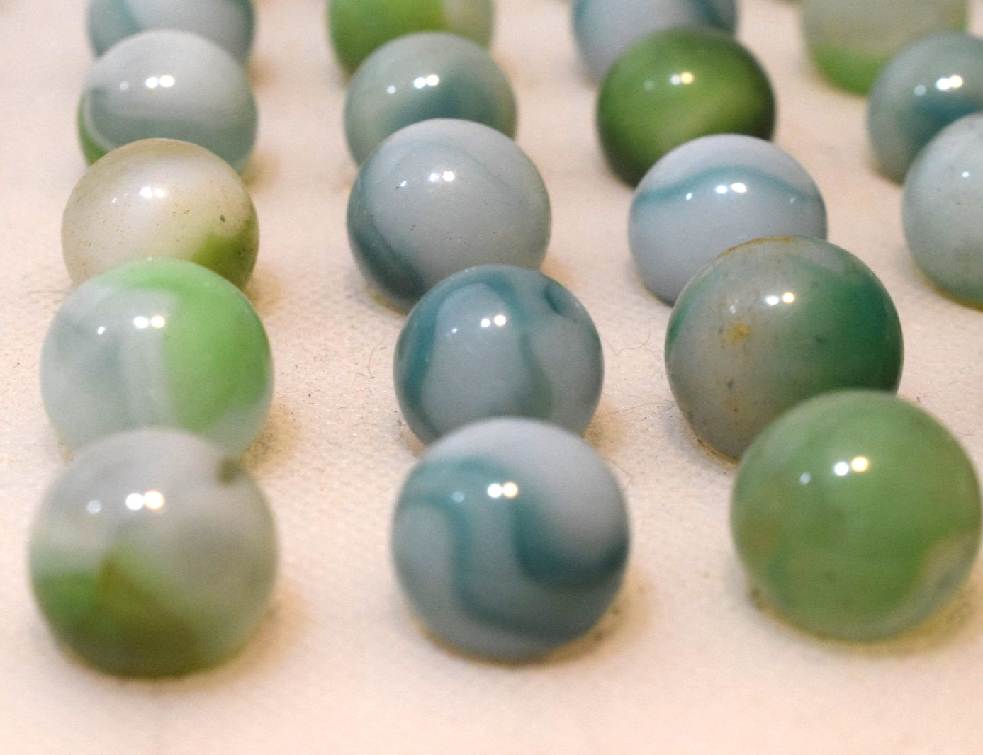VITRO AGATE MARBLES ARKO 57PC MIXED LOT SHAMROCK GREEN AQUA BLUE COBALT LIME