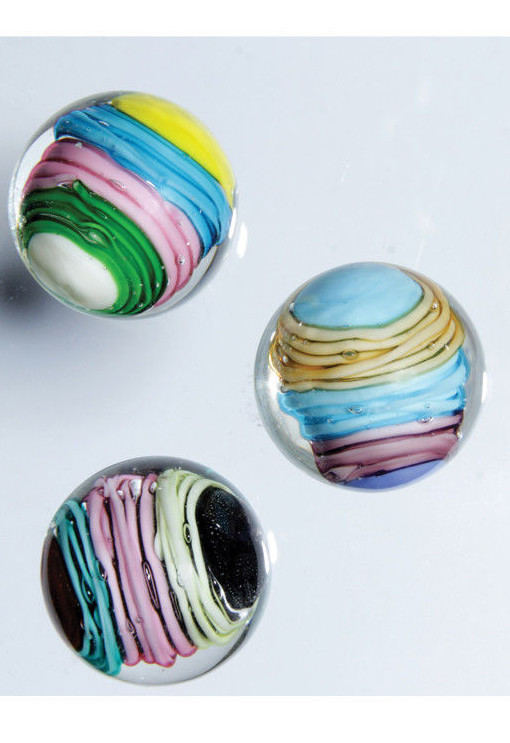 3 CURLICUE 16mm Handmade art glass clear blue yellow Marbles ball