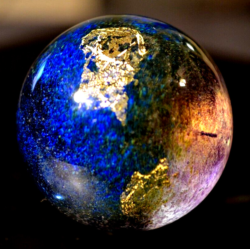 CHARLES CULBERT GLASS MARBLE/2.724″-TRANSPARENT DARK EARTH ABSTRACT-GOLD,VIOLET+