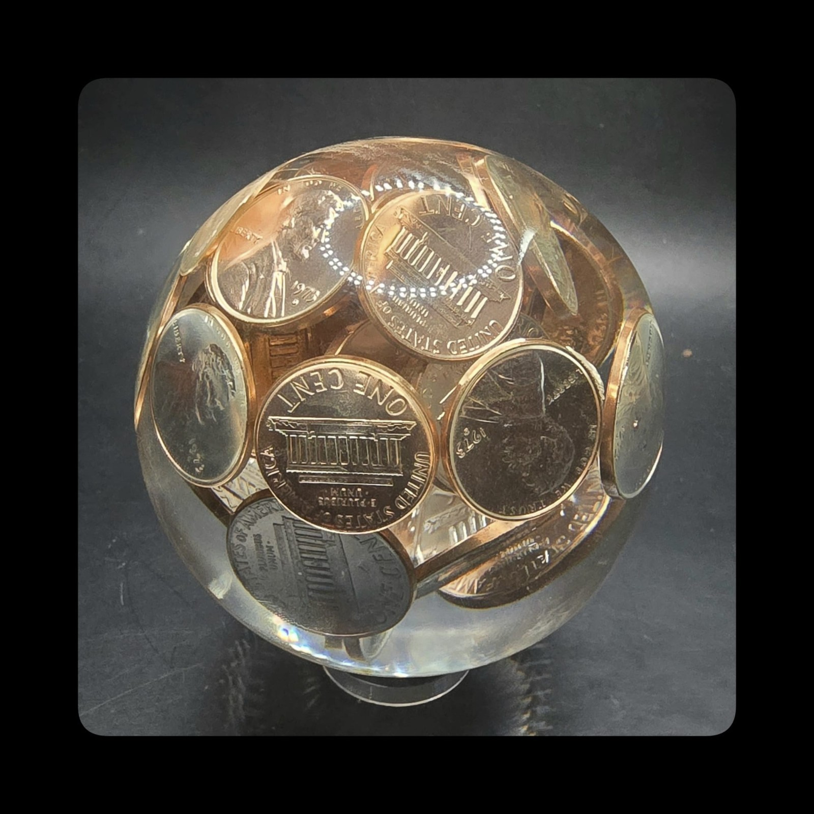 ~Mic’sMibs~ 2.75″ Lucite / Acrylic Contemporary Sphere with Pennies MINT