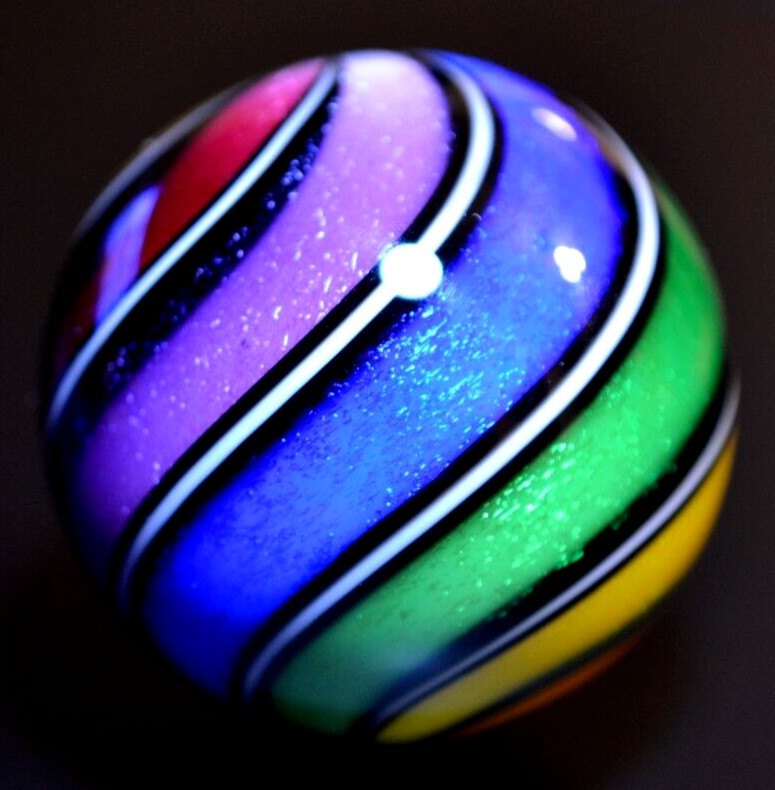 HOT HOUSE GLASS MARBLE/2.059″-DICHROIC BEACHBALL #598-TANGERINE,FUCHSIA,LAVENDER