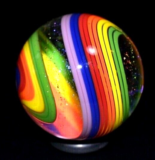 JAMES ALLOWAY GLASS MARBLE/1.205″-DICHROIC 6 COLOR 1/2 SWIRL #3220-LIME,RED,BLUE