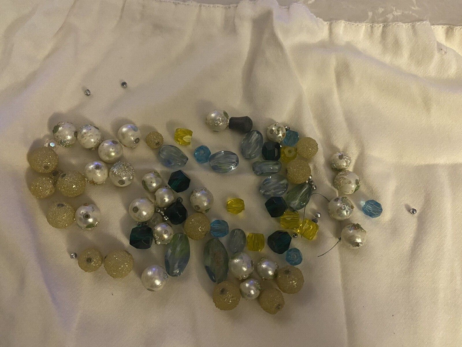 Lot of Vintage 60’s Yellow, pearl, Blue Beads 62 pc + tiny silver ones crafts