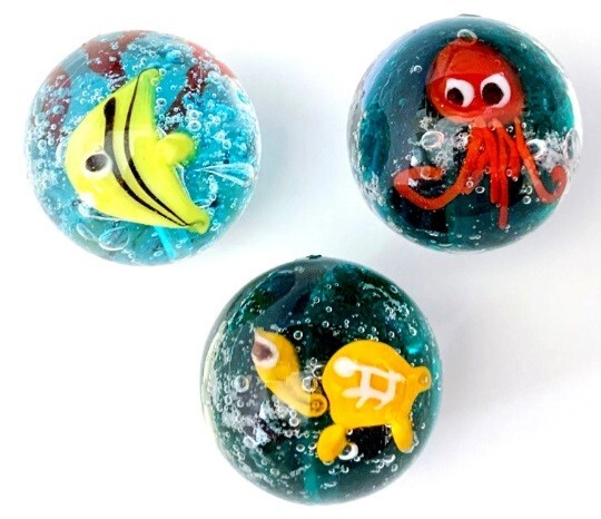 Pk 3 Aquarius 16mm Handmade Art Glass Marbles 5/8th” Angelfish Jellyfish Turtle