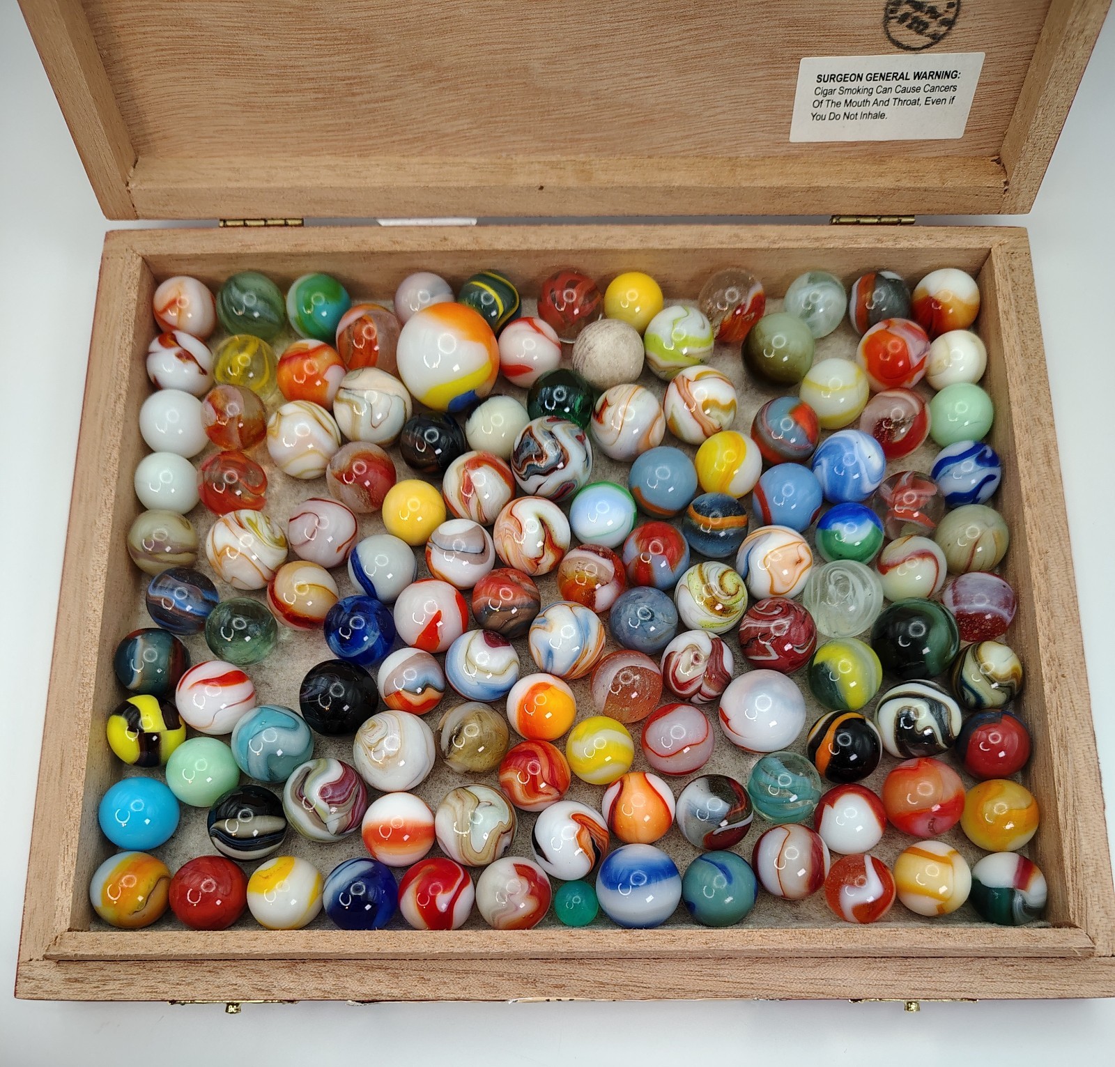 Cigar Box Full of Vintage Mixed Marbles Great variety all MINT