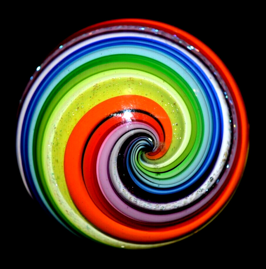 EDDIE SEESE GLASS MARBLE/1.783″-DICHROIC RAINBOW JOSEPH’S COAT-AVOCADO,LILAC,RED