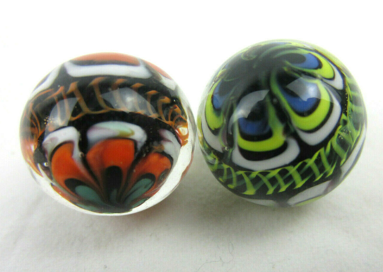 2 RINKY-DINK 16mm Handmade Art Glass Orange Blue Green Lattice Design Marbles