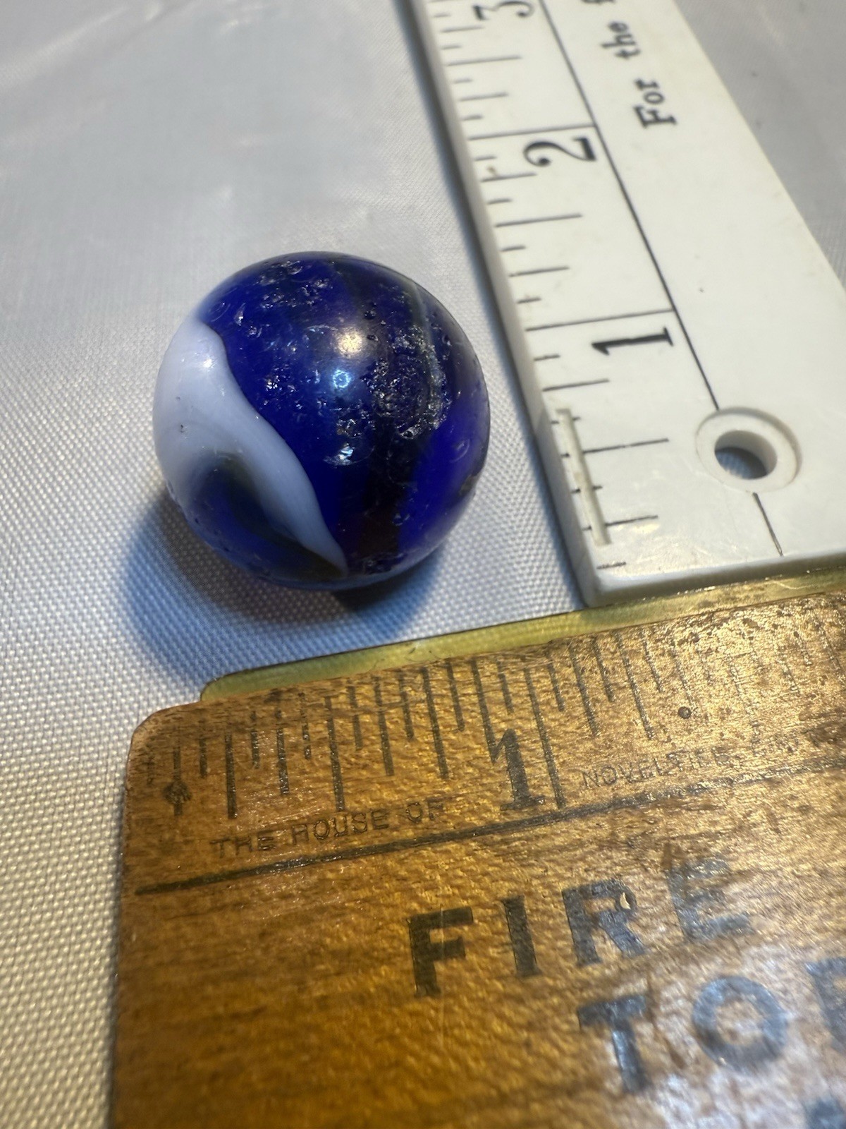 Akro Agate Corkscrew SPIRAL Shooter Marble Blue White Old Vintage Damaged