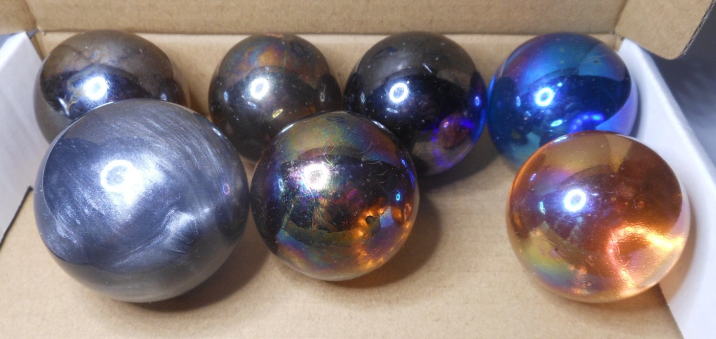 7pc Mix lot Vtg Marbles Iridescent Glass 1.57″, 1.35″x2, 1.34″x2, 1.33″, 1.27″