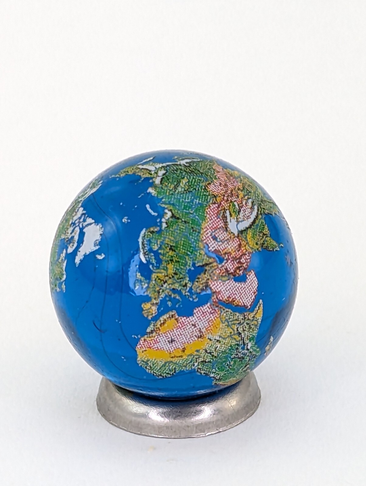 Blue Glass Marble Earth Globe Metal Stand Doll Size .875-inch Planet 22 mm