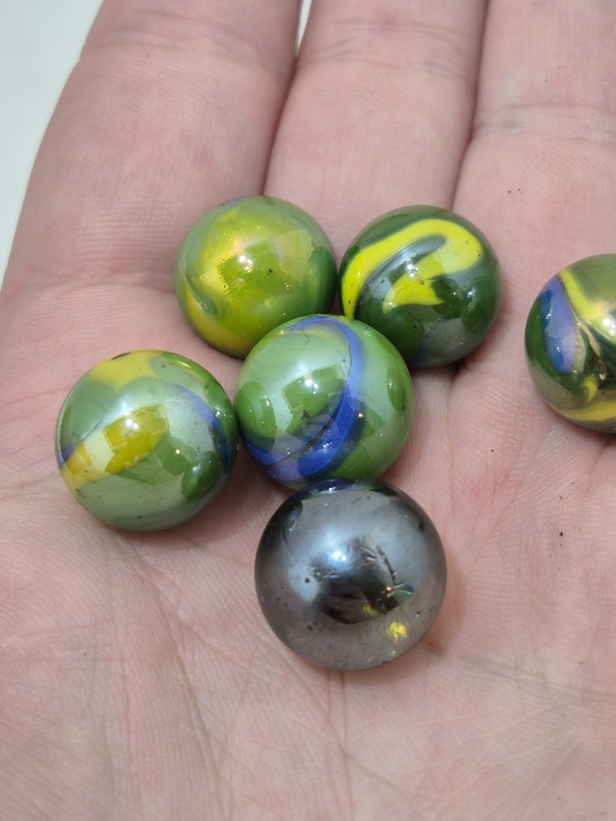 Lot of Glass Marbles Mostly Peacock Iridescent Art Swirls Green Blue Yellow