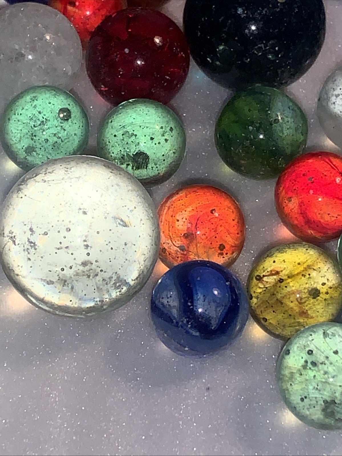 70+ Red Blue Green Yellow Iridescent Shiny Marbles w/ 7 Large & 10 Medium