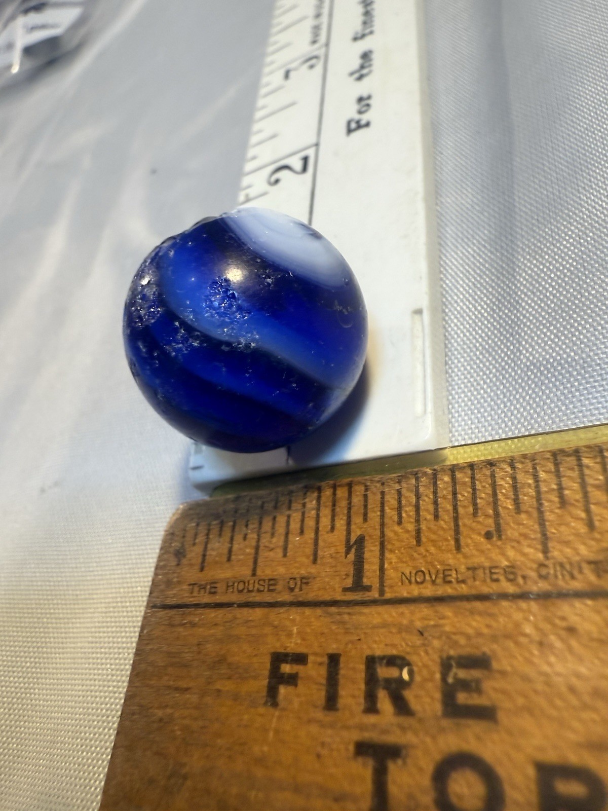 Akro Agate Corkscrew SPIRAL Shooter Marble Blue White Old Vintage Damaged
