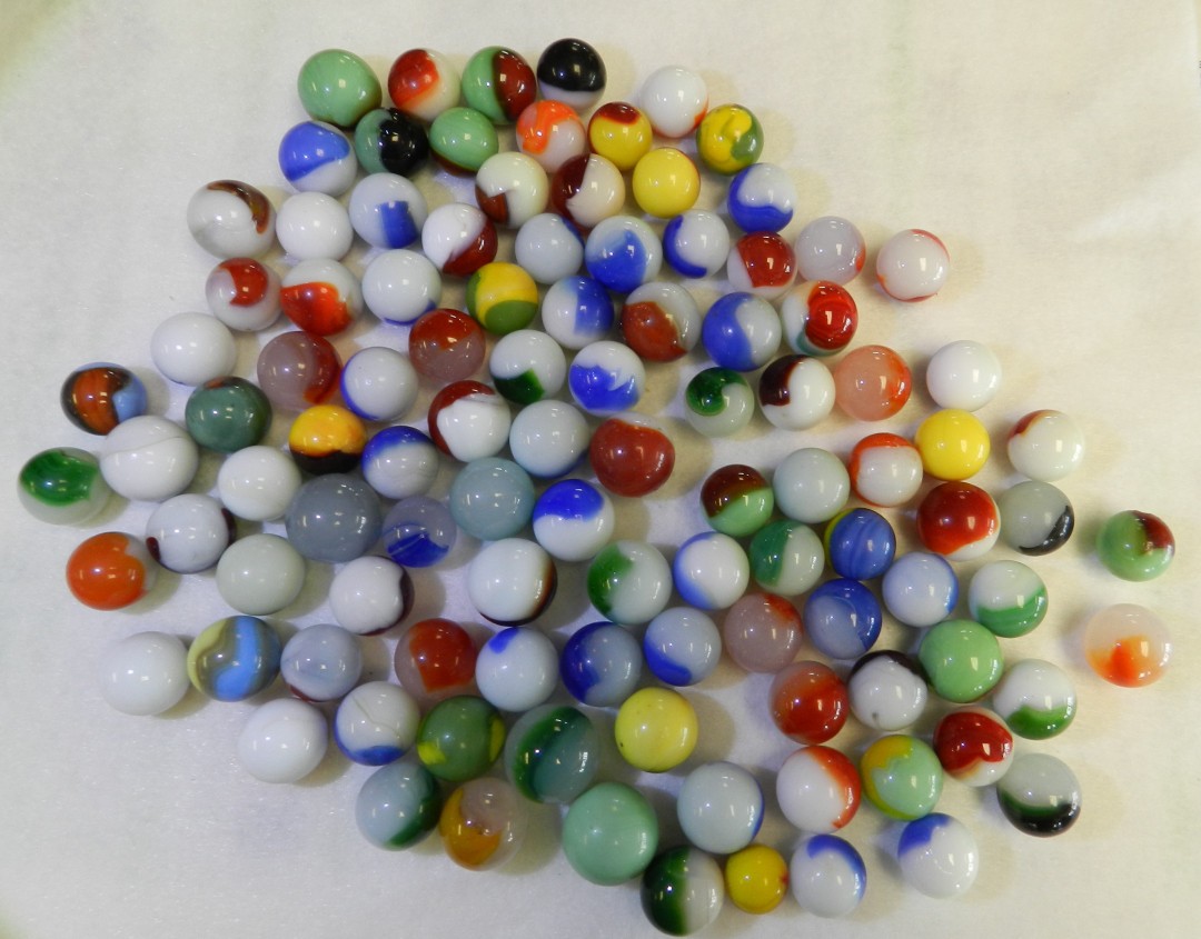#20834m Vintage Group or Bulk Lot of 100 Mixed Company Patch Marbles