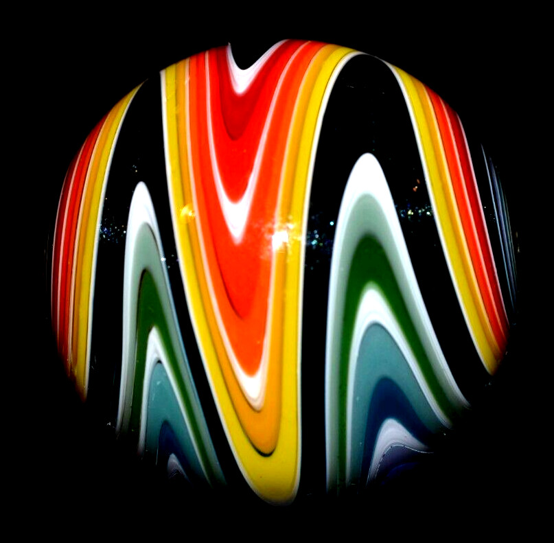 GEORGE BECK GLASS MARBLE/1.975″STUNNING WIG-WAG-APRICOT,DARK BLUE LUTZ,MINT,TEAL