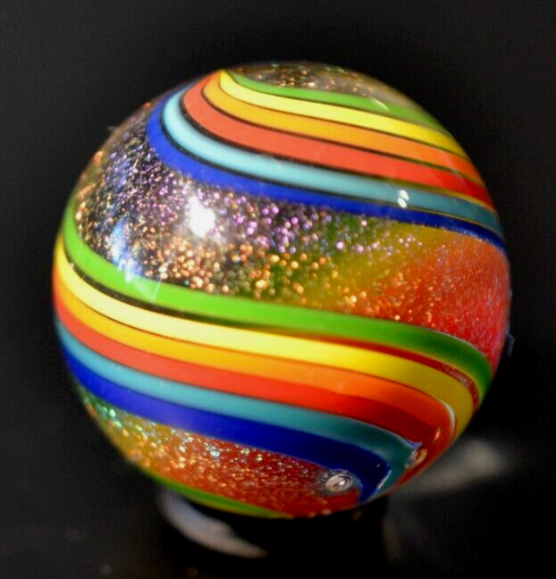 JAMES ALLOWAY GLASS MARBLE/1.236″-DICHROIC DOUBLE SWIRL #3560-LIME,YELLOW,ORANGE