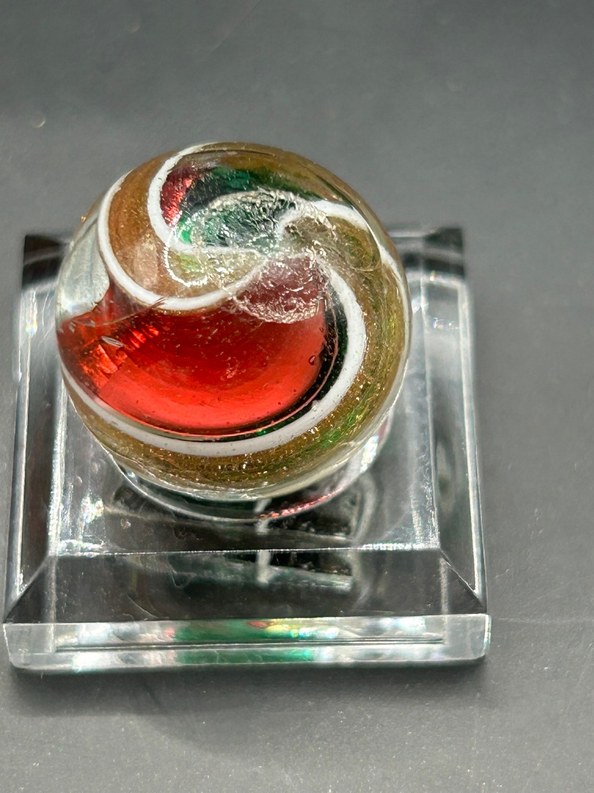 Antique German Cranberry Green Ribbon Core Lutz Marble 11/16″ Mint- E2.2
