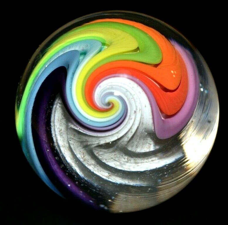 EDDIE SEESE GLASS MARBLE/1.767″-MULTI-COLORED WHITE LOBED DICHROIC DT-WAVY WHITE