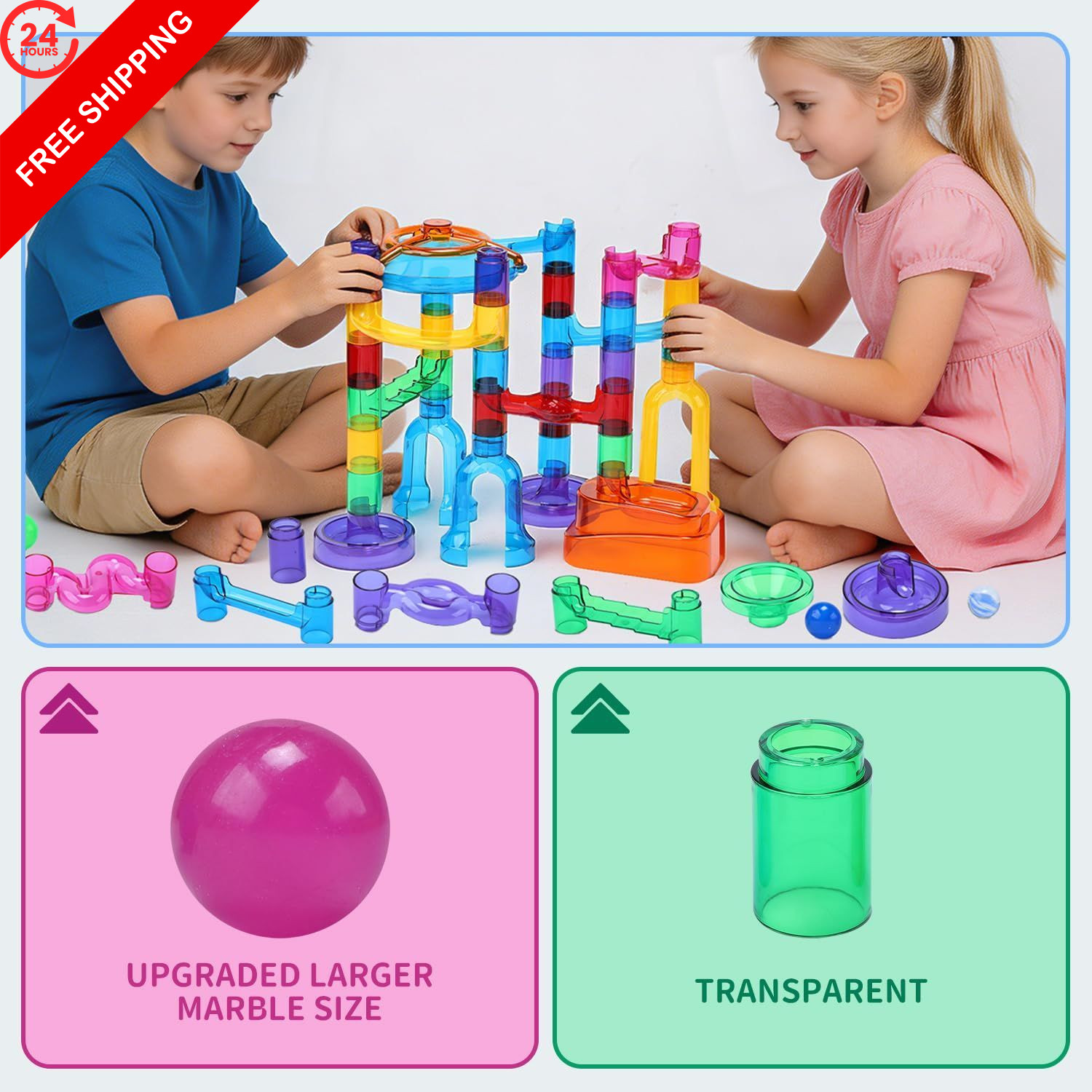 EagleStone 79PCS Transparent Glow Marble Run Construction Maze 79pcs