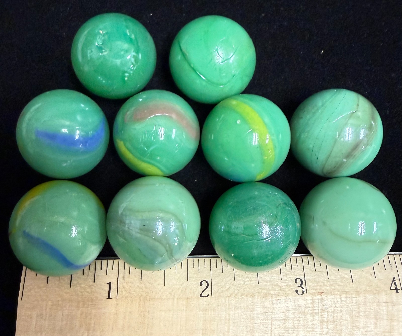 Vintage Glass Marbles Green, 24mm, 1 inch Approximately, Set of 10