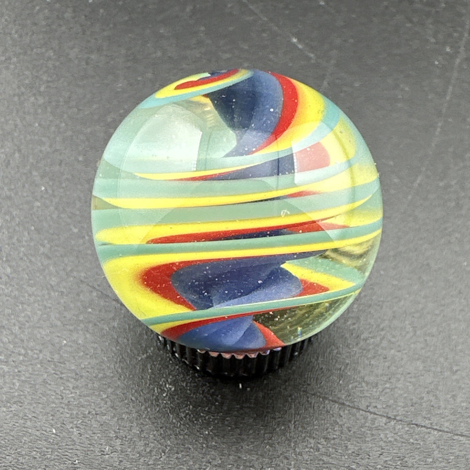 Contemporary Handmade Art Glass Marble .81″ Blue Red Yellow Twisty Swirl Core