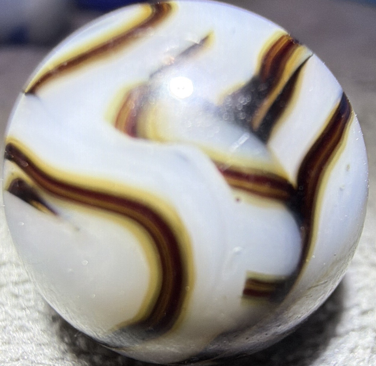OxBlood on White Flame Swirl Ribbons UV Gold /Yellow Trim