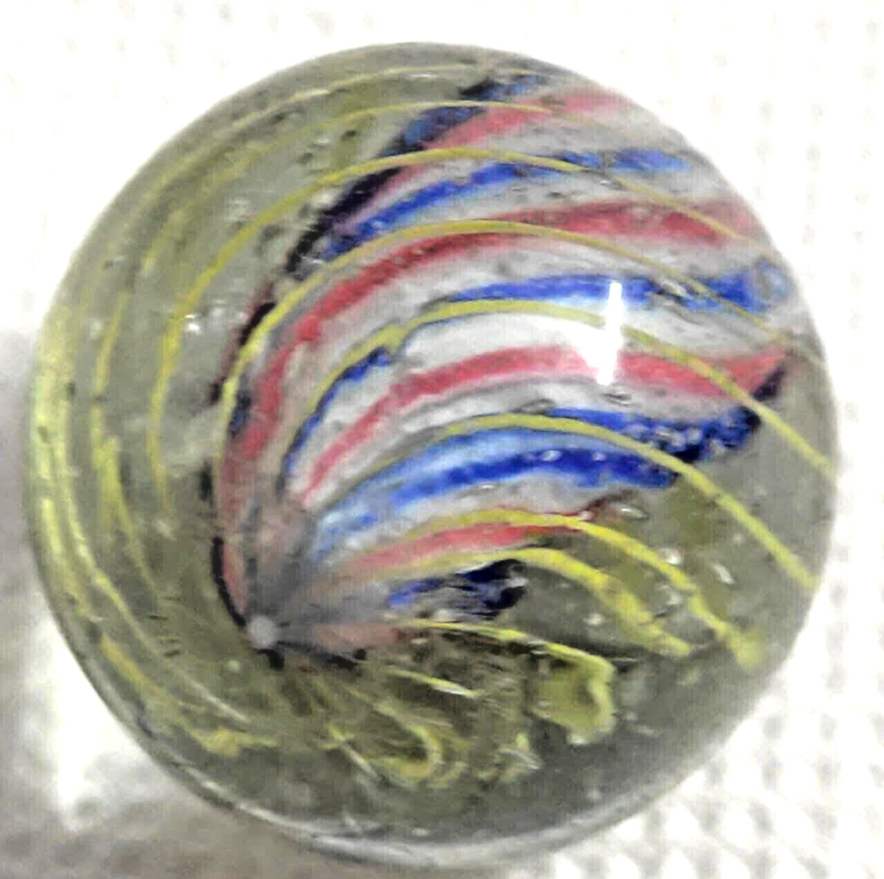 OLD 2 TOY MARBLES multi colored solid core caged 1 tri level ,2 blue base glass