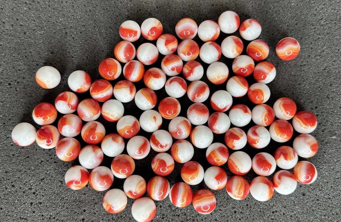 Lot of 80 Marble King Red Orange White Marbles .58″-.62″ Size Range