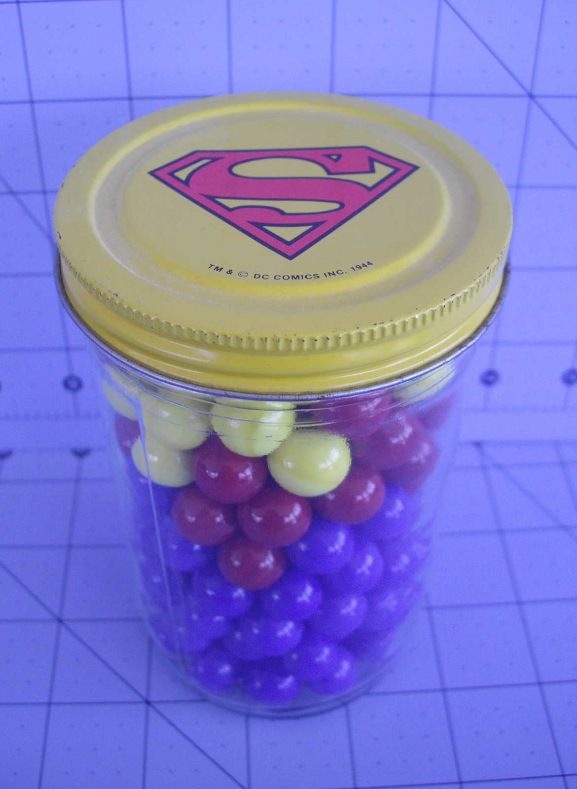 Superman Peanut Butter Jar 150 Marbles Red & Blue & Yellow Free Shipping in USA