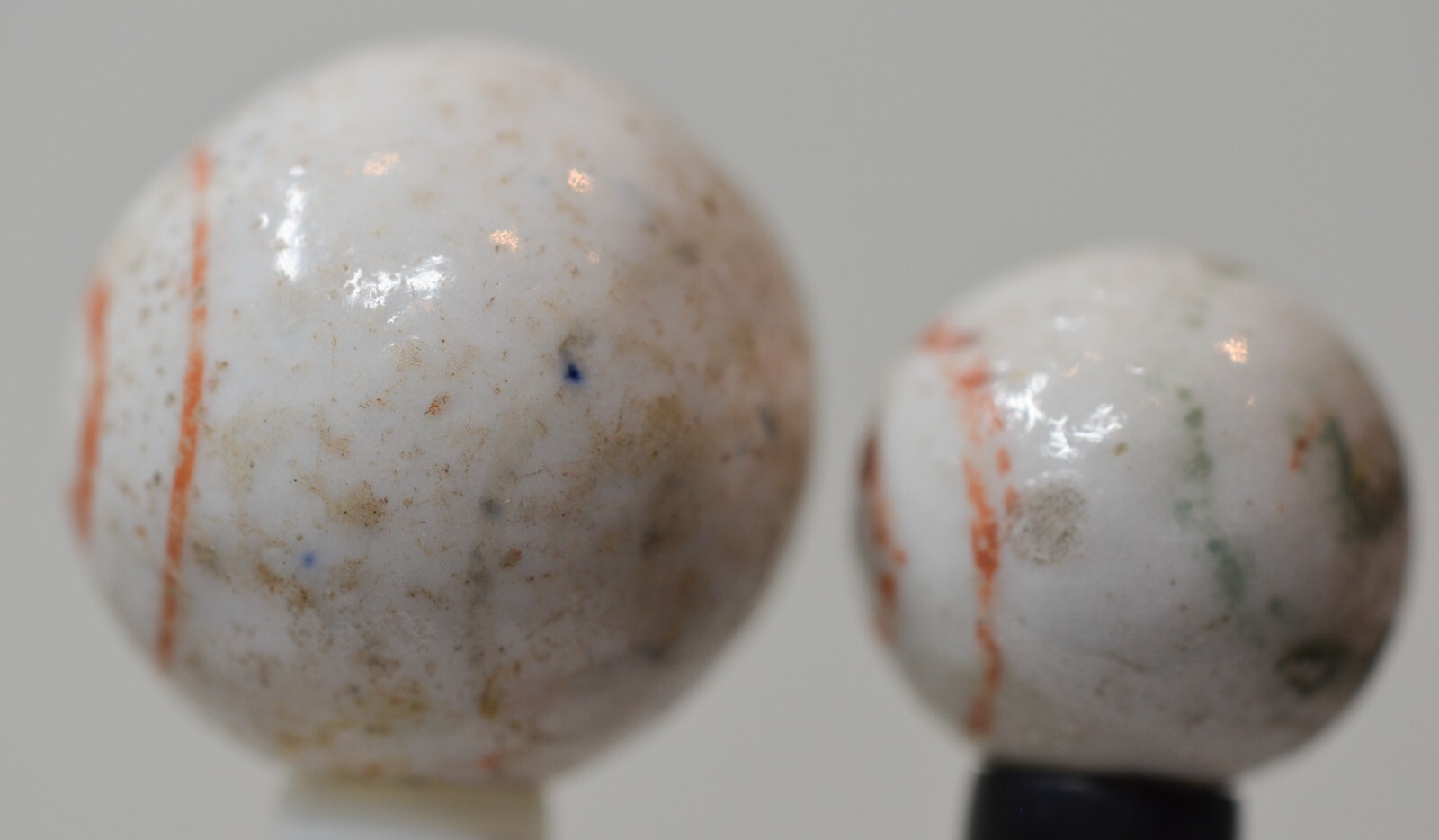 Pair of Handmade Bull’s Eye Glazed China Marbles, 0.84 & 0.62 in, Germany, S1500