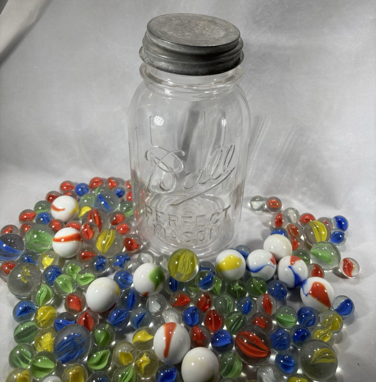 2Lbs 8Oz Of Shooter Marbles And Others In Ball Jar with zinc lid