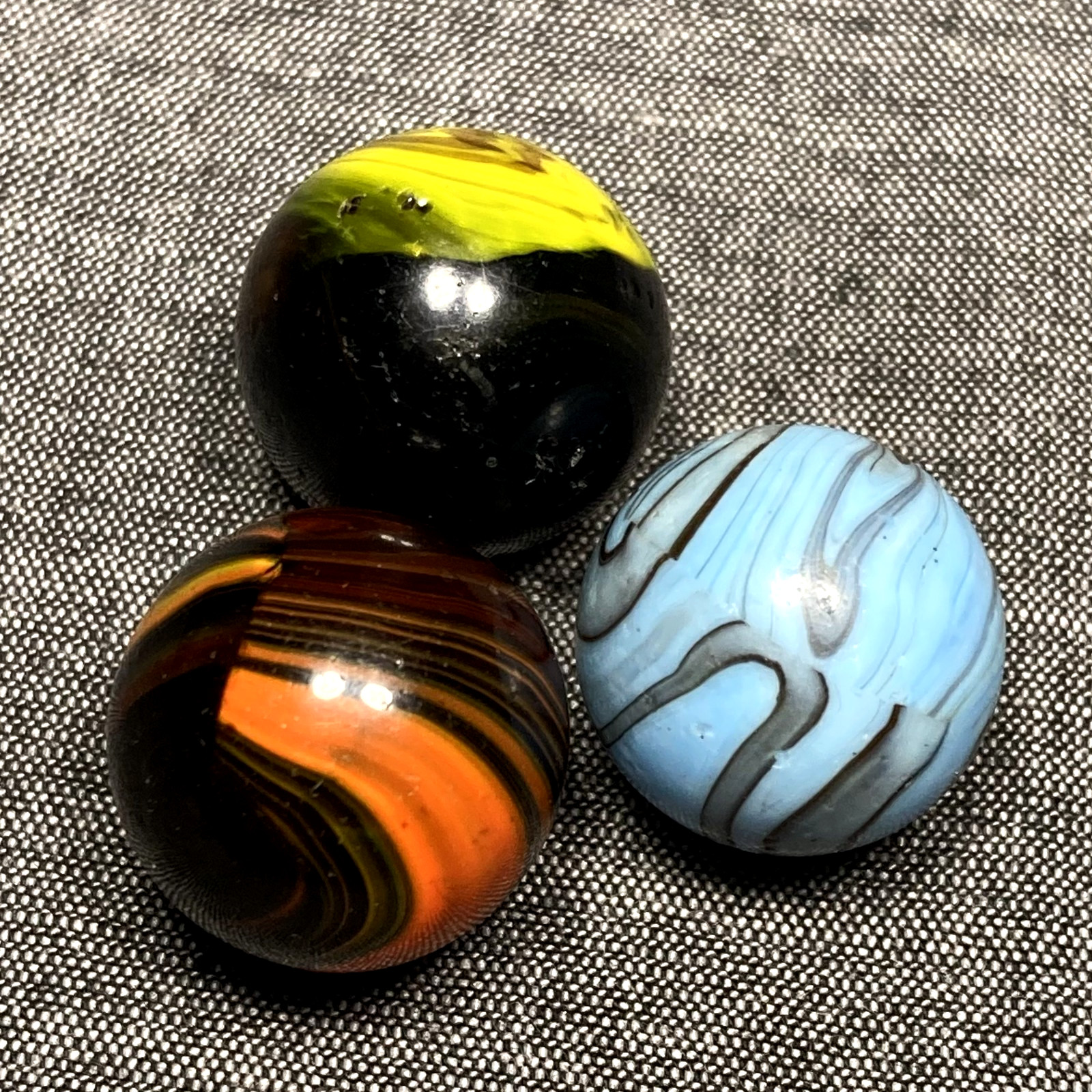 3 CHRISTENSEN “STRIPED OPAQUE” MARBLES, NM-