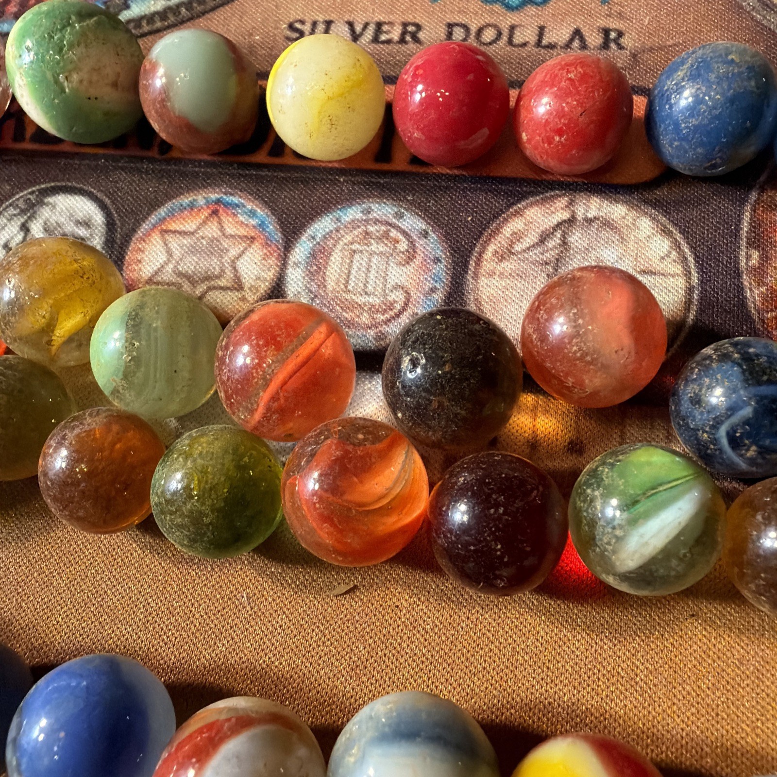 Marble Lot Of 64. Core/banded Swirl, Agate, Glass, Striped, Clay, Ribbon, Solid