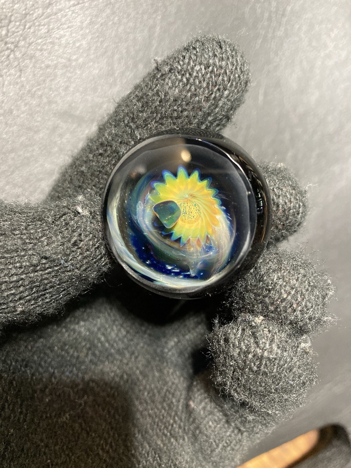 Glass Boro Space Marble 33mm W/ Opal Stone Hand Made Art W/ Faceted ￼Sculpture