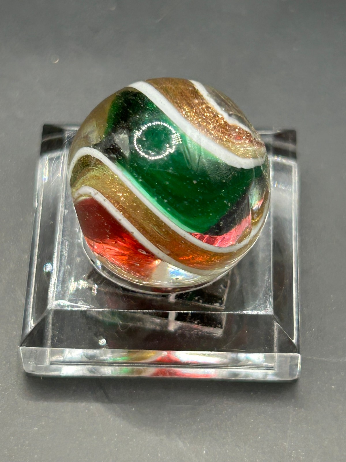 Antique German Cranberry Green Ribbon Core Lutz Marble 11/16″ Mint- E2.2