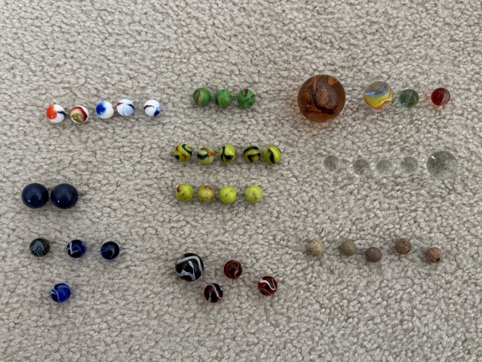 Vintage Marble Collection 40 Lot Glass Clay Swirls Clearies Shooters UV Cadmium